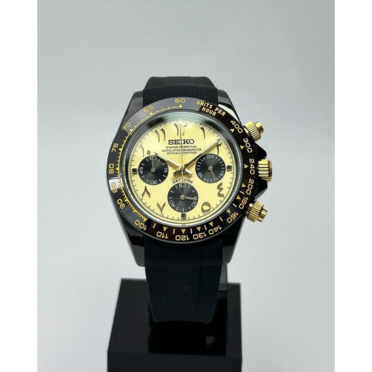 Custom Seiko Mod • Gold Black Arabic Daytona on Black Rubber Strap Quartz Chronograph • 39.5mm